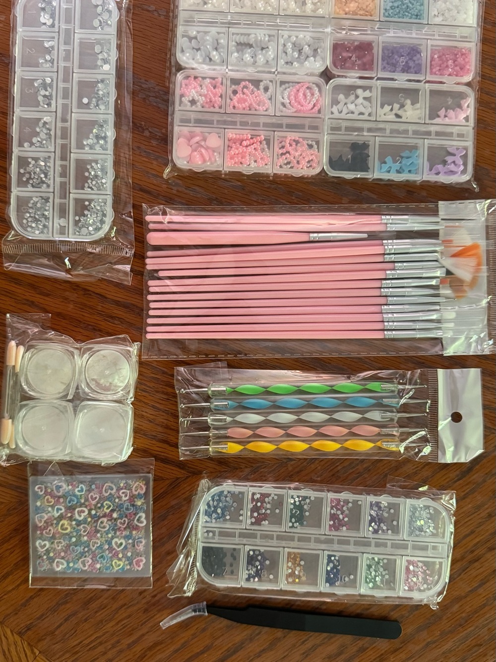Pink Nail Art Brush and Dotting Tool Set with Decorative Rhinestones